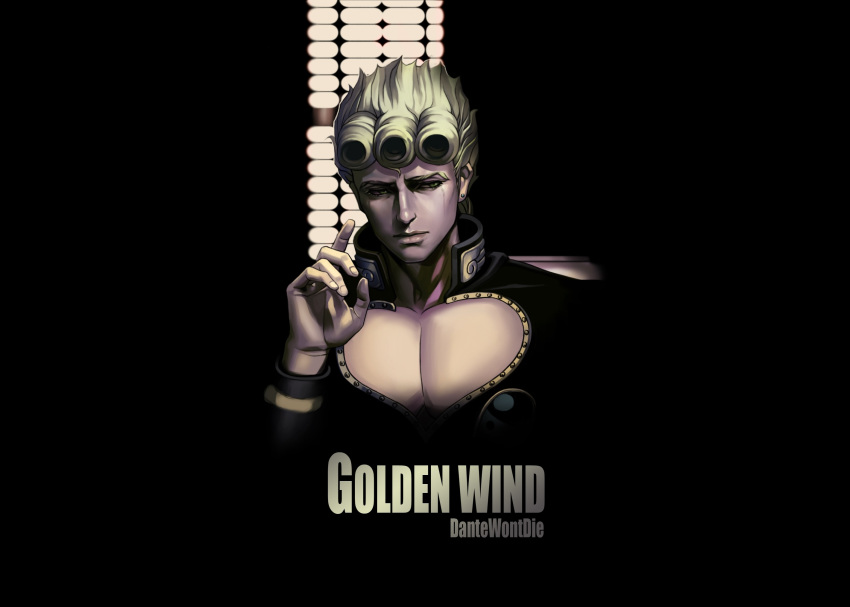 all_male black blonde_hair dantewontdie giorno_giovanna green_eyes jojo_no_kimyou_na_bouken male open_shirt parody realistic short_hair watermark