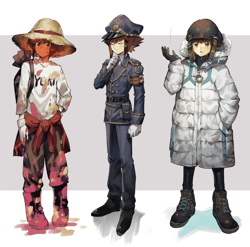 1boy alternate_costume aoki_(fumomo) black_gloves boots brown_eyes brown_footwear brown_hair brown_pants character_name closed_eyes clothes_around_waist coat full_body gloves grey_background hand_in_pocket hand_on_hip hat hat_ribbon helmet hooded_coat male_focus necktie paint_on_clothes pants police police_uniform print_shirt red_ribbon ribbon shirt solo straw_hat sweater sweater_around_waist two-tone_background uniform variations white_background white_coat white_shirt yellow_headwear yuu-gi-ou yuu-gi-ou_gx yuuki_juudai