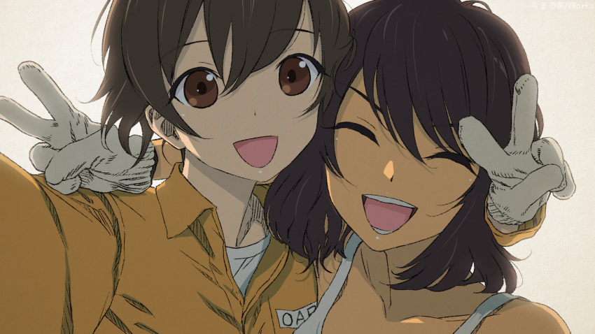 2girls :d akagi_(fmttps) arm_around_neck artist_name bangs brown_eyes brown_hair closed_eyes commentary_request dark_skin girls_und_panzer highres hoshino_(girls_und_panzer) jumpsuit looking_at_viewer mechanic multiple_girls nakajima_(girls_und_panzer) open_mouth orange_jumpsuit portrait pose shirt short_hair smile tank_top twitter_username uniform v white_background white_shirt