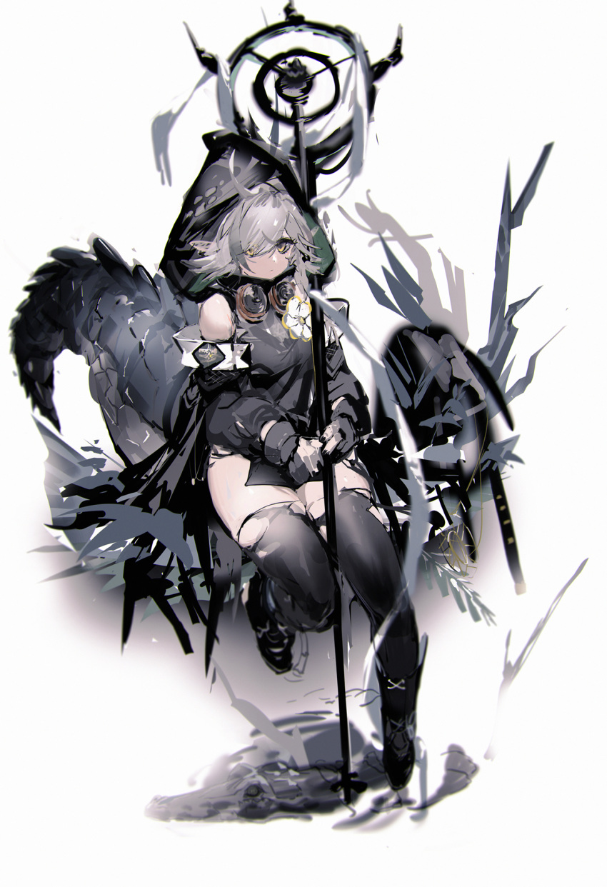 1girl ahoge arknights bangs black_footwear black_gloves black_legwear boots breasts closed_mouth crocodilian_tail flower gloves goggles goggles_around_neck grey_hair highres holding holding_staff hood hood_up large_tail leg_up partly_fingerless_gloves pointy_ears simple_background so-bin solo staff tail thighhighs tomimi_(arknights) white_background yellow_eyes