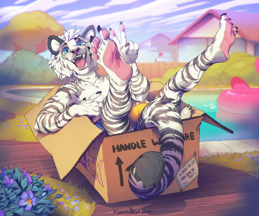 2020 5_fingers 5_toes anthro black_stripes blue_eyes day detailed_background digital_media_(artwork) felid fingers fur kyander male mammal open_mouth outside pantherine sky solo striped_body striped_fur stripes teeth tiger toes tongue white_body white_fur