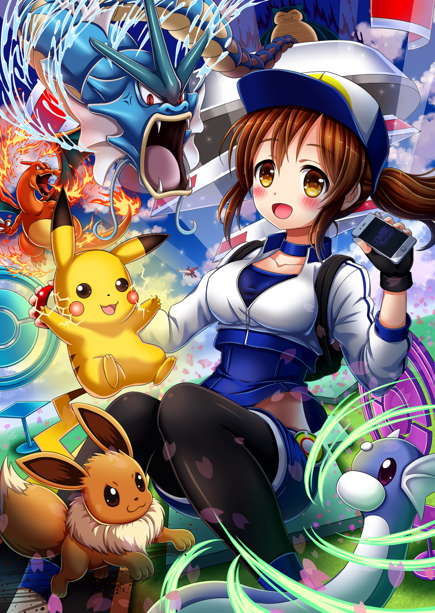 1girl absurdres bangs baseball_cap black_legwear bluebird_(bluebird90) blush breasts brown_hair cellphone charizard collarbone commentary_request dratini eevee electricity female_protagonist_(pokemon_go) fingerless_gloves fire gen_1_pokemon gloves gyarados happy hat highres holding holding_phone holding_poke_ball long_hair open_mouth orange_eyes phone pikachu poke_ball pokemon pokemon_(creature) pokemon_(game) pokemon_go ponytail shiny shiny_hair smile snorlax tongue