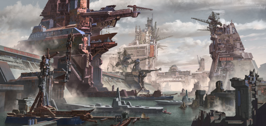 absurdres artist_name building chinese_text cloud construction crane_(machine) dam day dock dust fan_wennan harbor highres military military_vehicle ocean outdoors scenery science_fiction ship sign sky structure warship water watercraft watermark web_address