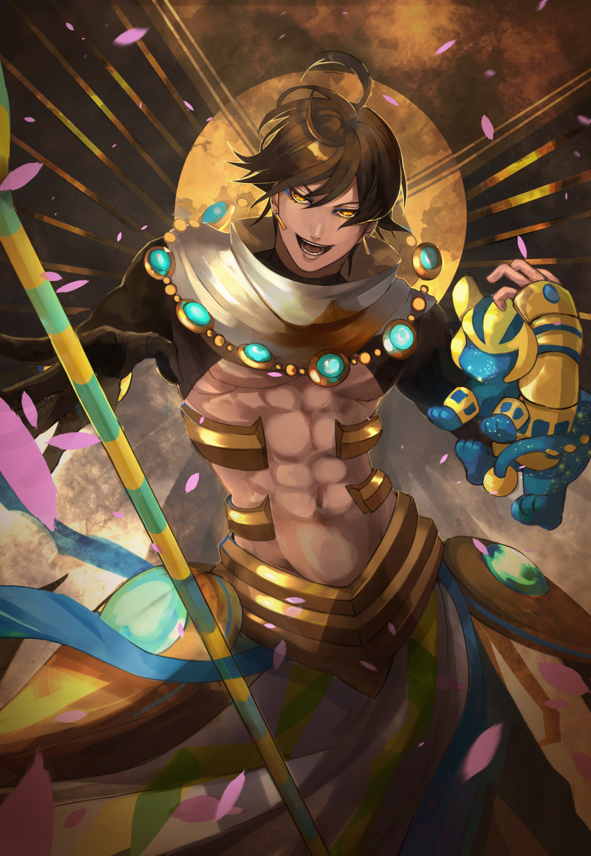 1boy abs absurdres ahoge animal animal_ears black_gloves brown_hair cape cat cat_ears dark_skin dark_skinned_male egyptian egyptian_clothes fate/grand_order fate/prototype fate/prototype:_fragments_of_blue_and_silver fate_(series) gauntlets gloves hair_between_eyes highres holding holding_animal holding_cat holding_staff jewelry looking_at_viewer male_focus muscle necklace open_mouth ozymandias_(fate) petals shirtless shrug_(clothing) smirk solo staff tail user_edsp3435 white_cape yellow_eyes