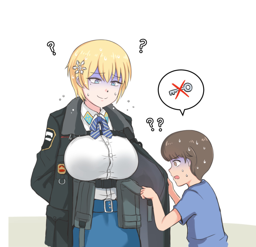 1boy 1girl ? arms_behind_back bangs belt black_jacket blonde_hair blue_belt blue_eyes blue_neckwear blue_shirt blue_skirt bound bound_wrists breasts brown_eyes brown_hair child collared_shirt cowboy_shot eyebrows_visible_through_hair fur-trimmed_jacket fur_trim girls_frontline hair_between_eyes hair_ornament horror_(expression) jacket key large_breasts long_sleeves looking_at_another magazine_(weapon) mole mole_under_eye neck_ribbon nervous_smile open_clothes open_jacket ribbon selby shirt shirt_tucked_in short_hair short_sleeves sidelocks simple_background skirt snap-fit_buckle snowflake_hair_ornament spoken_object standing sweat sweating_profusely t-shirt turn_pale vsk-94_(girls_frontline) white_background white_shirt