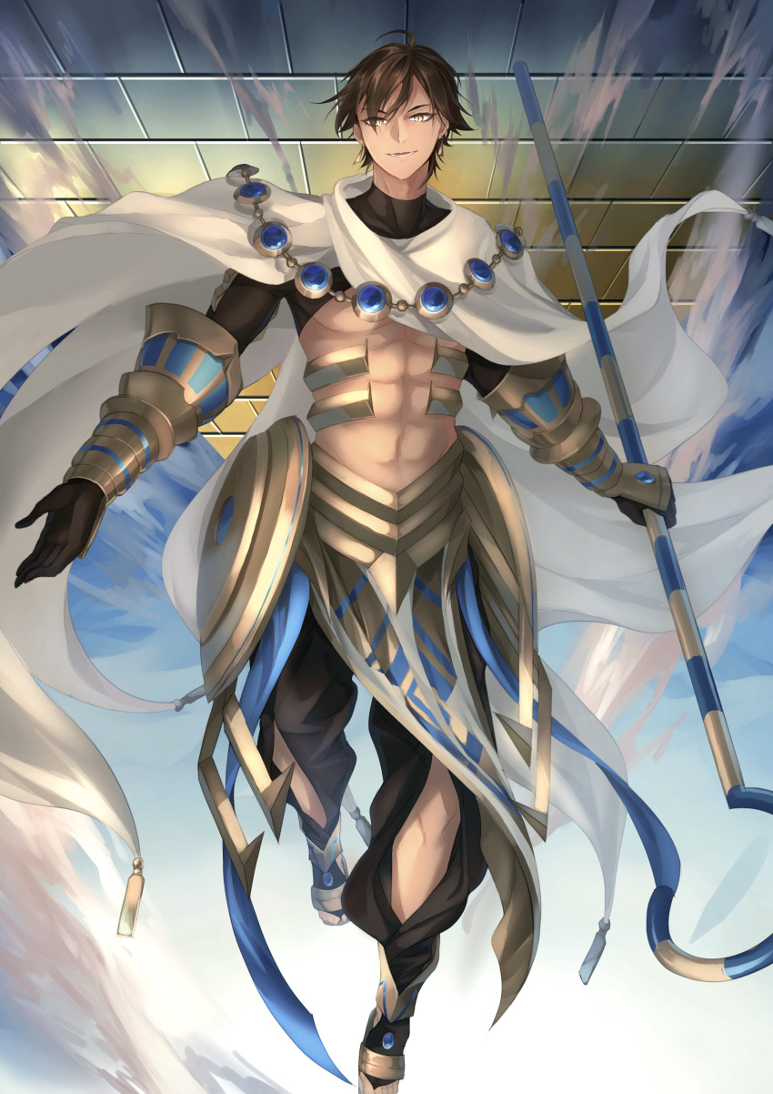 1boy abs absurdres ahoge black_gloves brown_hair cape dark_skin dark_skinned_male egyptian egyptian_clothes fate/grand_order fate/prototype fate/prototype:_fragments_of_blue_and_silver fate_(series) full_body gauntlets gloves hair_between_eyes highres holding holding_staff jewelry light_smile looking_at_viewer male_focus muscle necklace oimoimo67823 ozymandias_(fate) shirtless shrug_(clothing) smile solo staff white_cape yellow_eyes