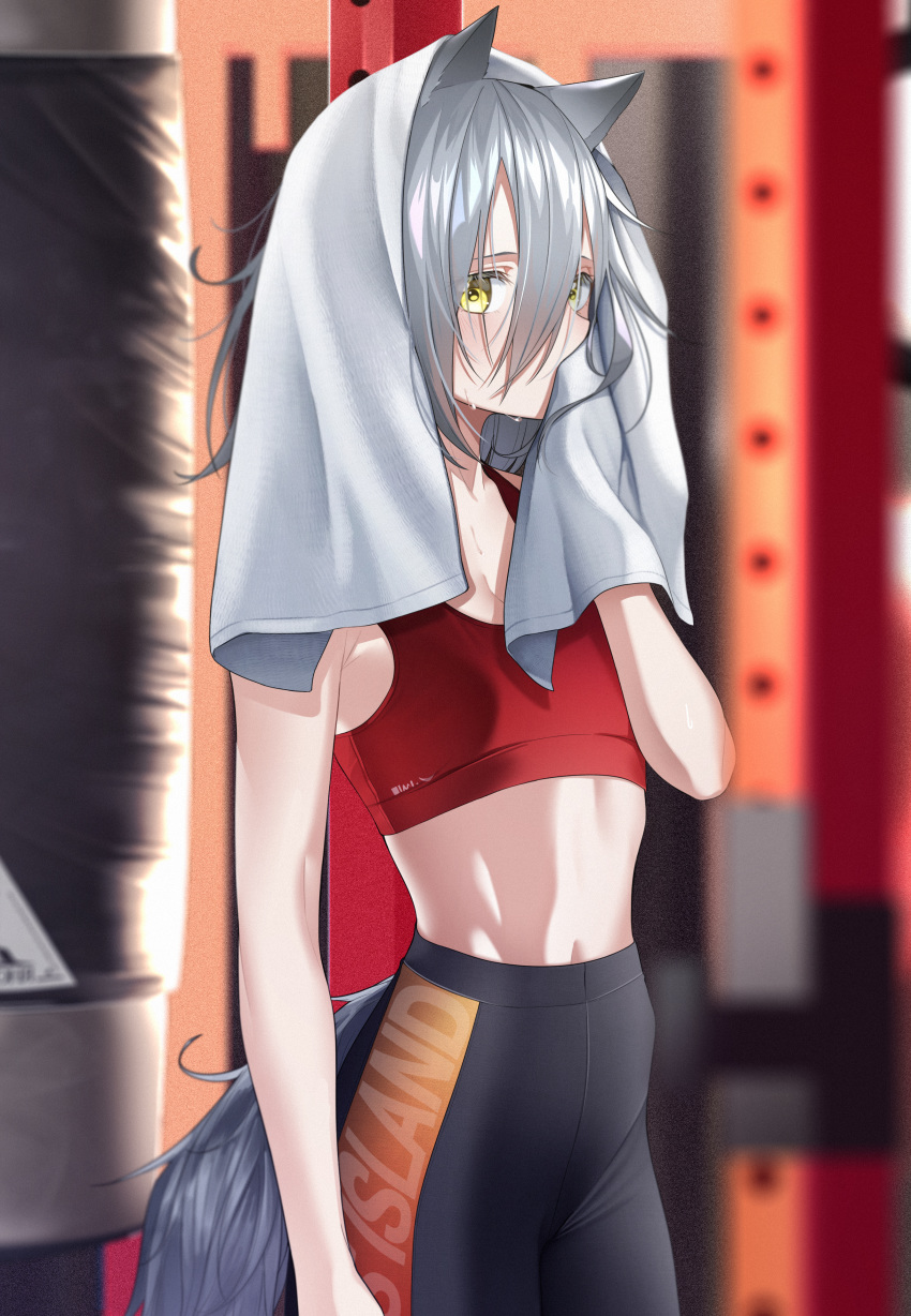 1girl absurdres animal_ears arknights bangs bare_arms black_pants blurry blurry_background breasts cleavage commentary_request crop_top depth_of_field hair_between_eyes hand_up highres indoors looking_at_viewer navel pants projekt_red_(arknights) red_tank_top silver_hair small_breasts solo standing sweat tail tank_top the_cold towel towel_on_head yellow_eyes