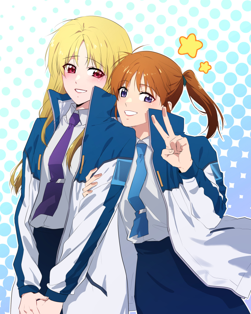 2girls absurdres blonde_hair blue_necktie blue_skirt blush brown_hair cowboy_shot fate_testarossa grabbing_another's_arm hair_ornament highres jacket kaichan2536 long_hair looking_at_viewer lyrical_nanoha mahou_shoujo_lyrical_nanoha_exceeds:_gun_blaze_vengeance military_uniform multiple_girls musical_note musical_note_hair_ornament necktie open_clothes open_jacket polka_dot purple_eyes purple_necktie red_eyes side_ponytail sidelocks skirt smile star_(symbol) takamachi_nanoha v v_arms yuri