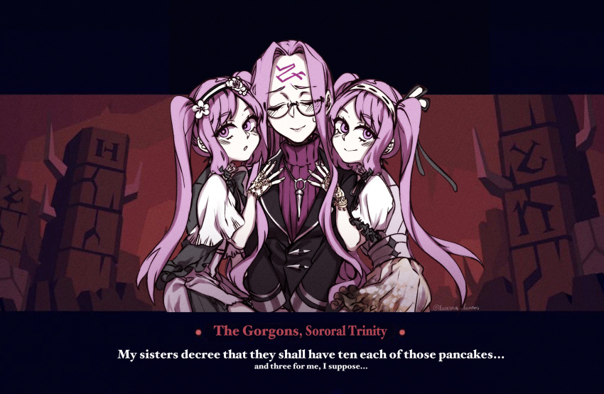 3girls alternate_costume artist_name bangs black_jacket character_name character_request closed_eyes commentary dress english_text euryale fate/grand_order fate_(series) forehead frilled_sleeves frills glasses gloves hair_ornament hairband helltaker highres jacket lolita_hairband long_hair looking_at_viewer lucerna_lunam medusa_(lancer)_(fate) multiple_girls parted_bangs puffy_short_sleeves puffy_sleeves purple_eyes purple_hair ribbon short_sleeves siblings sisters smile sweat twins twintails