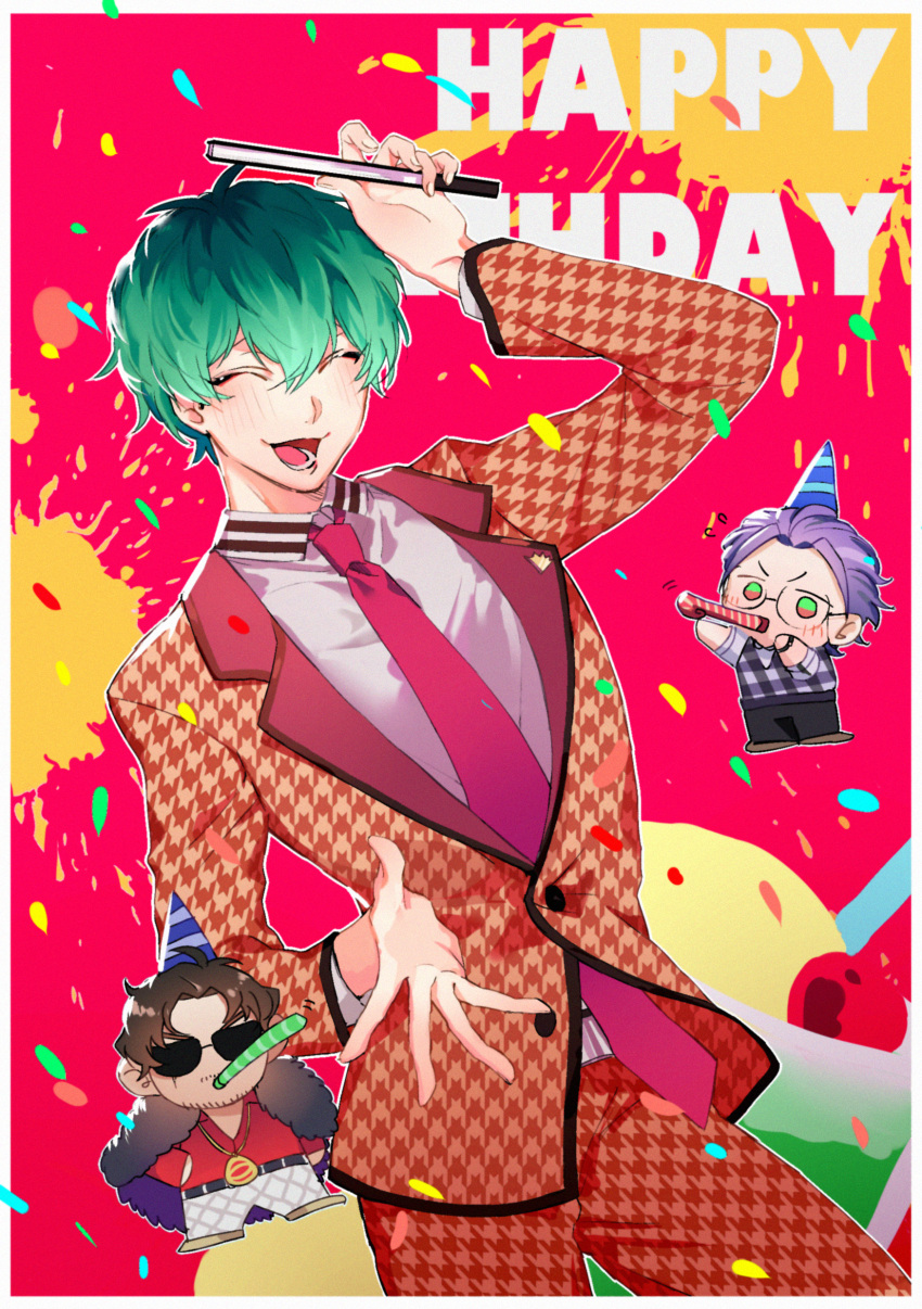 3boys ^3^ absurdres amayado_rei antenna_hair aqua_hair argyle_clothes argyle_sweater_vest beard_stubble belt black_hair blush border chibi chibi_inset closed_eyes coat collared_shirt colorful_background cowboy_shot curtained_hair dotsuitare_hompo english_text facial_hair flying_sweatdrops fur_coat glasses grin hair_between_eyes hair_slicked_back hand_fan happy_birthday hat highres holding holding_fan houndstooth hypnosis_mic jacket kaku_(yabe920311) lapel_pin lapels loose_hair_strand male_focus melon_soda motion_lines multicolored_eyes multiple_boys mustache_stubble necktie notched_lapels nurude_sasara open_mouth outline parted_bangs party_hat party_horn purple_hair red_eyes red_necktie scar scar_across_eye scar_on_face shirt short_hair smile solo_focus stubble suit suit_jacket sunglasses sweater_vest tsutsujimori_rosho two-tone_eyes v-shaped_eyebrows wavy_hair white_border white_outline