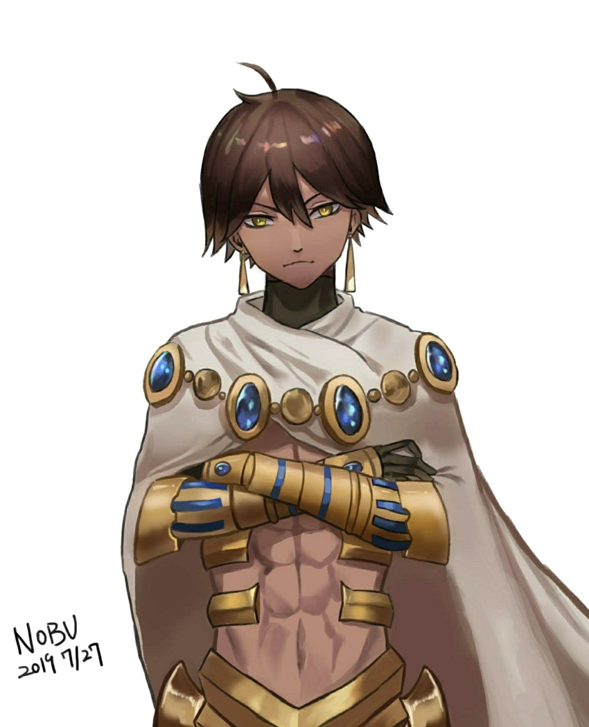 1boy abs ahoge artist_name bicobico-bico black_gloves brown_hair cape crossed_arms dark_skin dark_skinned_male dated egyptian egyptian_clothes expressionless fate/grand_order fate/prototype fate/prototype:_fragments_of_blue_and_silver fate_(series) gauntlets gloves hair_between_eyes highres jewelry looking_at_viewer male_focus muscle necklace ozymandias_(fate) shirtless shrug_(clothing) signature simple_background solo standing upper_body white_background white_cape yellow_eyes younger