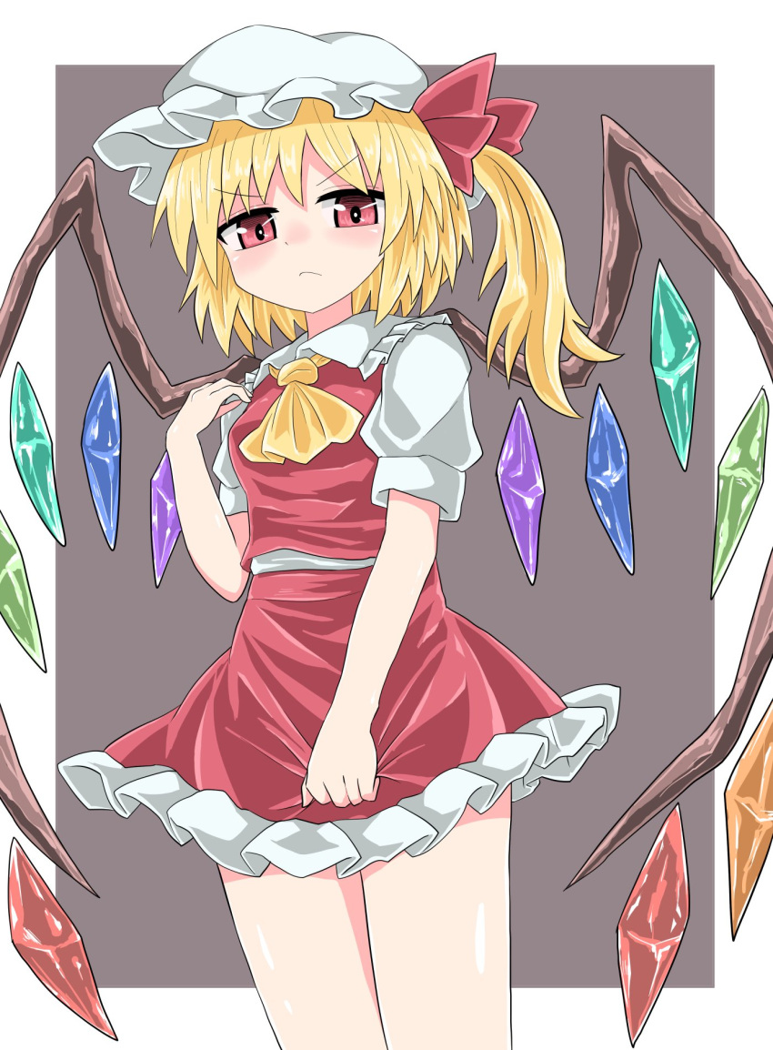 1girl arm_up bangs blonde_hair bow bright_pupils chups closed_mouth crystal eyebrows_visible_through_hair flandre_scarlet frilled_shirt_collar frilled_skirt frills grey_background hat highres looking_at_viewer mob_cap red_bow red_eyes red_skirt red_vest shirt short_hair short_sleeves side_ponytail simple_background skirt skirt_grab solo touhou v-shaped_eyebrows vest white_frills white_headwear white_shirt white_sleeves wings yellow_neckwear