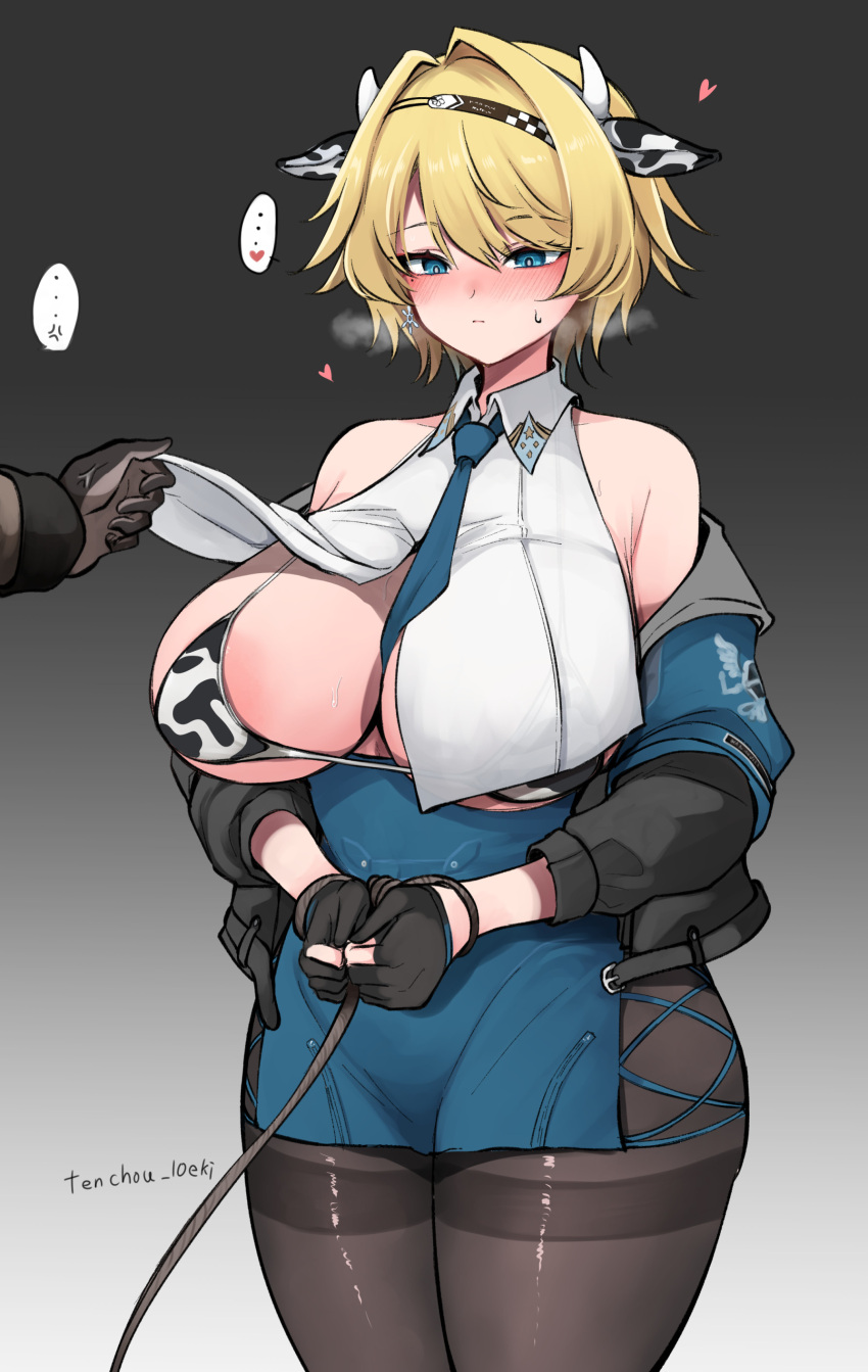 ... 10eki_(tenchou) 1girl 1other absurdres anger_vein animal_ears animal_print artist_name bare_shoulders between_breasts bikini bikini_top_only black_background black_gloves black_jacket black_pantyhose blue_eyes blue_necktie blue_skirt blush bound bound_wrists breasts closed_mouth commentary_request cow_ears cow_horns cow_print cow_print_bikini earrings fake_animal_ears fake_horns girls'_frontline girls'_frontline_2:_exilium gloves gradient_background highres horns jacket jewelry large_breasts mole mole_under_eye necktie necktie_between_breasts nikketa_(girls'_frontline_2) off_shoulder open_clothes open_jacket pantyhose partially_fingerless_gloves print_bikini restrained short_hair simple_background skirt snowflake_earrings sweatdrop swimsuit vsk-94_(girls'_frontline) white_background