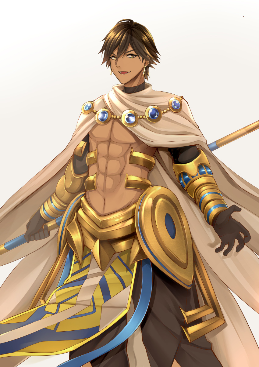 1boy abs absurdres ahoge black_gloves brown_hair cape dark_skin dark_skinned_male egyptian egyptian_clothes fate/grand_order fate/prototype fate/prototype:_fragments_of_blue_and_silver fate_(series) gauntlets gloves gu_li hair_between_eyes highres holding holding_staff jewelry looking_at_viewer male_focus muscle necklace open_mouth ozymandias_(fate) shirtless shrug_(clothing) simple_background smile solo staff white_background white_cape yellow_eyes