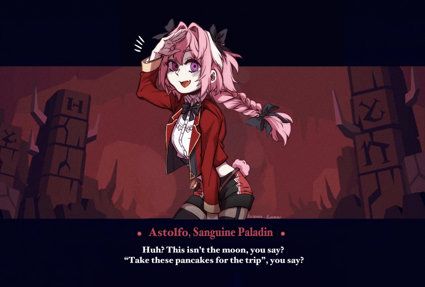 1boy artist_name astolfo_(fate) bangs black_bow black_legwear black_ribbon black_shorts bow braid character_name commentary cropped_jacket english_text fake_screenshot fang fate/grand_order fate_(series) garter_straps hair_bow hair_intakes hair_ribbon helltaker highres jacket long_hair looking_at_viewer lucerna_lunam male_focus multicolored_hair open_mouth otoko_no_ko pink_hair purple_eyes red_jacket red_shorts ribbon shading_eyes shirt shorts single_braid smile solo standing streaked_hair thighhighs white_hair white_shirt