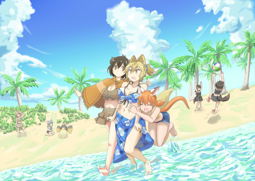 6+girls ^_^ alternate_costume animal_ears ball bare_arms bare_legs bare_shoulders beach beachball bikini bikini_skirt black_hair blonde_hair blue_sky bouncing_breasts breasts brown_eyes brown_hair c: chinchilla_(kemono_friends) cleavage closed_eyes closed_mouth cloud commentary_request day dingo_(kemono_friends) dog_ears dog_girl dress dutch_angle emu_(kemono_friends) extra_ears eyebrows_visible_through_hair eyepatch floral_print frilled_lizard_(kemono_friends) full_body hair_between_eyes halterneck hand_on_another's_waist hane_(kirschbaum) high_ponytail highres jumping kangaroo_ears kangaroo_tail kemono_friends long_hair looking_afar looking_at_another looking_up lying medical_eyepatch medium_breasts medium_hair multicolored_hair multiple_girls navel on_back one_eye_closed one_eye_covered outdoors outstretched_arm palm_tree poncho print_bikini print_skirt puma_(kemono_friends) red_kangaroo_(kemono_friends) sand short_hair sitting skirt sky smile soles standing stomach swimsuit tail tasmanian_devil_(kemono_friends) tasmanian_devil_ears tasmanian_devil_tail thylacine_(kemono_friends) toes tree two-tone_hair unaligned_breasts wading walking wariza water white_hair yellow_eyes