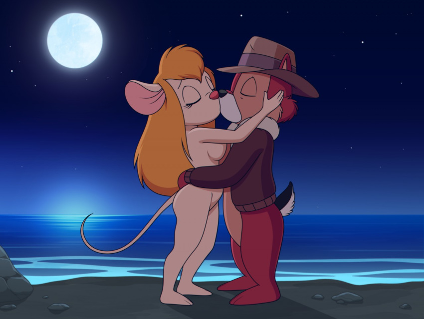 anthro beach bottomless breasts chip_'n_dale_rescue_rangers chip_(disney) chipmunk clothed clothing disney duo eyes_closed fedora female gadget_hackwrench ground_squirrel hat headgear headwear jacket kissing light male male/female mammal moon moonlight mouse murid murine night nude outside rodent romantic sciurid seaside sfan topwear