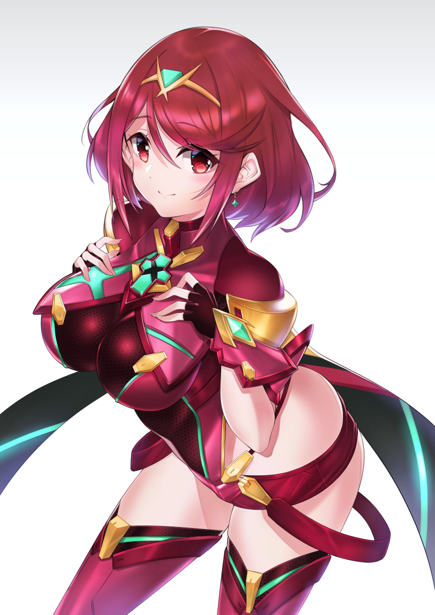 1girl absurdres bangs black_gloves blush breasts cawang chest_jewel cowboy_shot earrings eyebrows_visible_through_hair fingerless_gloves gem gloves gradient gradient_background grey_background highres homura_(xenoblade_2) jewelry large_breasts looking_at_viewer red_eyes red_hair short_hair smile solo swept_bangs thighhighs tiara white_background xenoblade_(series) xenoblade_2