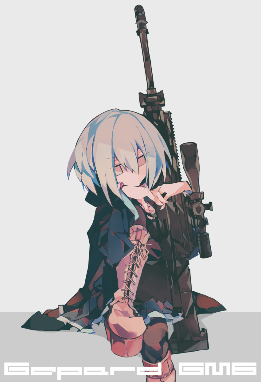 1girl absurdres anti-materiel_rifle black_jacket black_legwear black_skirt blue_hair boots brown_eyes cross-laced_footwear gepard_gm6_lynx grey_background gun hair_between_eyes highres holding holding_gun holding_weapon jacket lace-up_boots leg_hug meto_(metrin) no_mouth open_clothes open_jacket original pink_footwear platform_boots rifle sitting skirt sniper_rifle weapon