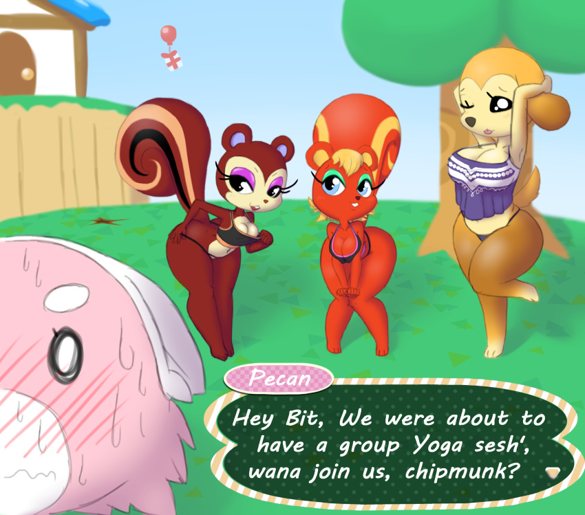 animal_crossing anthro bit-small breasts caroline_(animal_crossing) cleavage clothed clothing english_text female flirting group hi_res maddie_(animal_crossing) mammal nintendo outside pecan_(animal_crossing) rodent sciurid text video_games wide_hips
