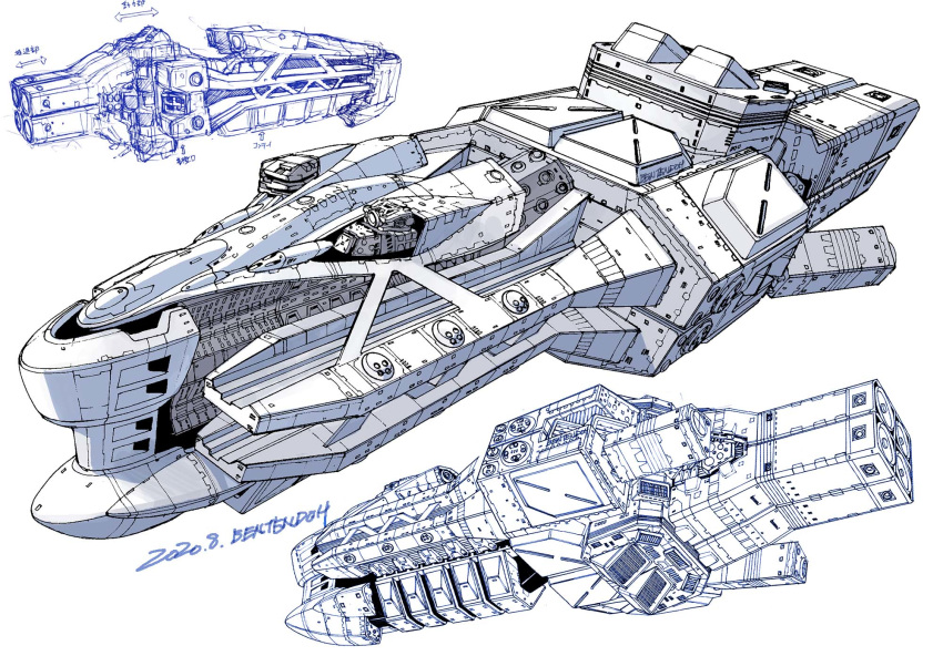 concept_art dated gundam highres lineart measurements monochrome multiple_views no_humans original sketch space_craft white_background yonemura_kouichirou