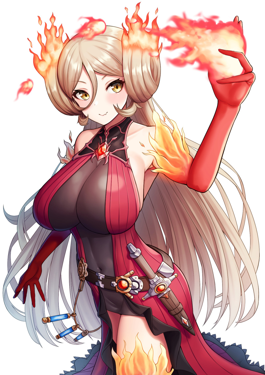 1girl alternate_color bare_shoulders blonde_hair breasts center_opening commentary_request cosplay covered_navel cowboy_shot dagger dress elbow_gloves fang fiery_hair fire gloves highres huge_breasts impossible_clothes impossible_dress kagutsuchi_(xenoblade) kagutsuchi_(xenoblade)_(cosplay) long_hair nijisanji nui_sociere pyrokinesis red_dress red_gloves short_dress simple_background skin_fang very_long_hair weapon white_background xenoblade_(series) xenoblade_2 yellow_eyes zussunn