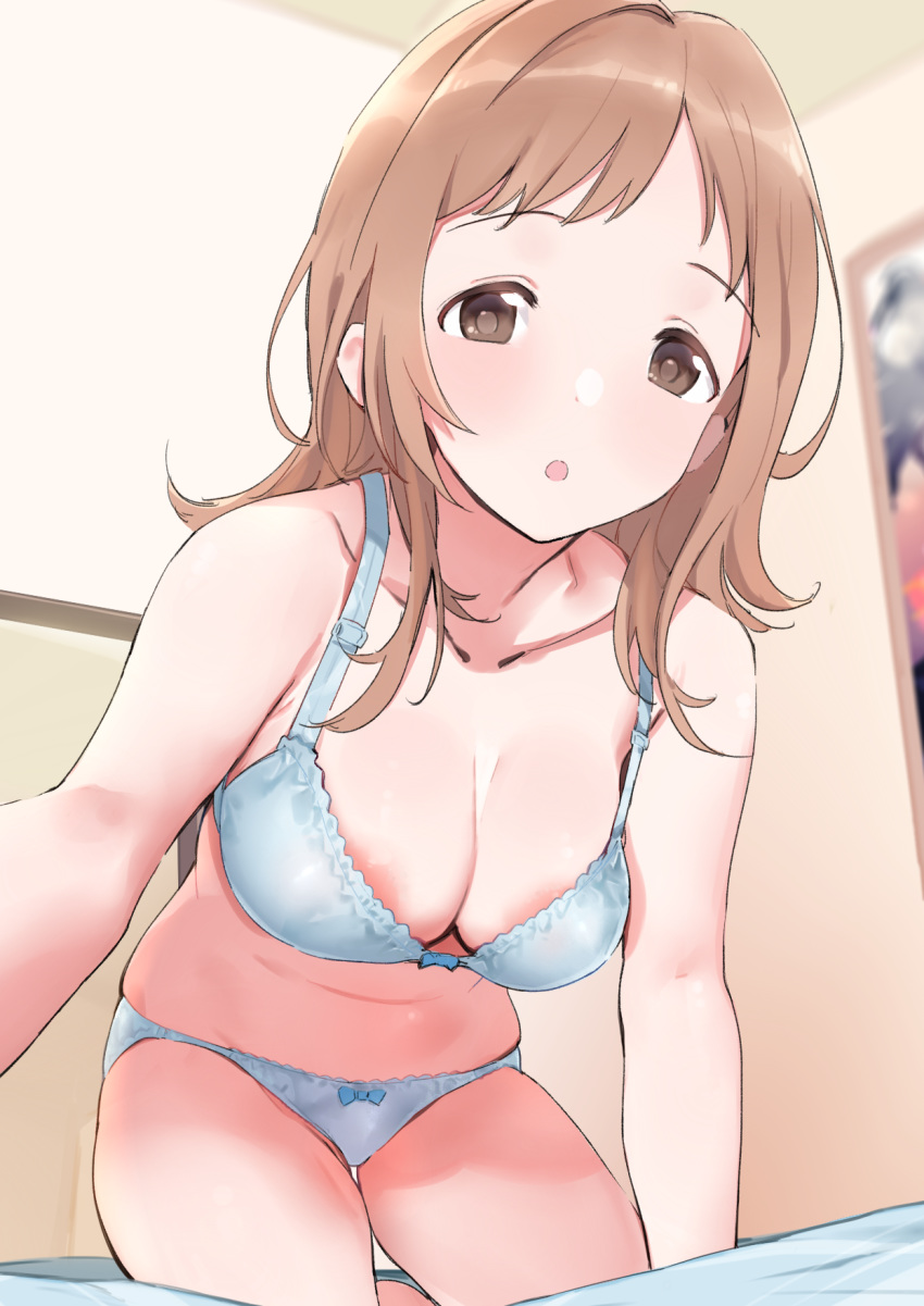 1girl areola_slip areolae bangs bare_shoulders blue_bra blue_panties blush bow bow_panties bra breasts brown_eyes cleavage highres idolmaster idolmaster_shiny_colors indoors large_breasts light_brown_hair lingerie looking_at_viewer navel o.m open_mouth panties sakuragi_mano short_hair solo standing swept_bangs underwear underwear_only