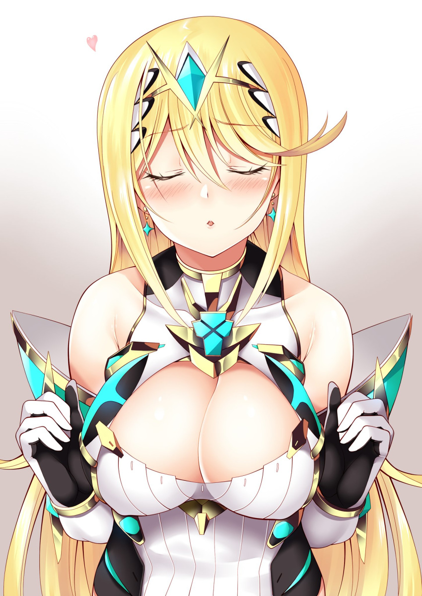 1girl bangs bare_shoulders blonde_hair breasts cleavage cleavage_cutout closed_eyes commentary_request covered_nipples daive dress earrings elbow_gloves gloves gradient gradient_background grey_background heart highres hikari_(xenoblade_2) incoming_kiss jewelry large_breasts long_hair solo swept_bangs tiara very_long_hair white_background white_dress white_gloves xenoblade_(series) xenoblade_2 yellow_eyes