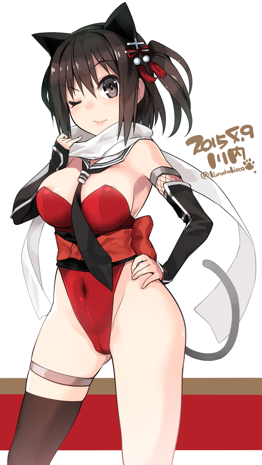 1girl ;) adapted_costume animal_ears bangs black_eyes black_hair black_legwear blush breasts cameltoe cat_ears cat_tail character_name covered_navel dated detached_collar fake_animal_ears fishnets hair_ornament hand_on_hip highres kantai_collection kittysuit kuro_chairo_no_neko large_breasts leotard one_eye_closed paw_print red_leotard remodel_(kantai_collection) sailor_collar scarf sendai_(kantai_collection) short_hair single_thighhigh smile solo tail thigh_strap thighhighs twitter_username two_side_up white_scarf