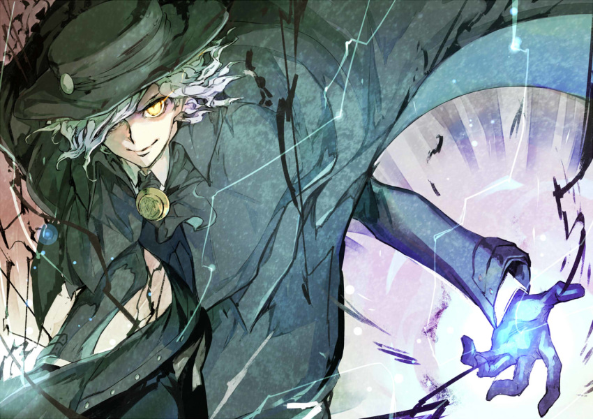 1boy aura cape collared_shirt edmond_dantes_(fate/grand_order) electricity fate/grand_order fate_(series) formal gin_(oyoyo) gloves green_cape green_headwear green_jacket green_pants hat jacket long_sleeves looking_at_viewer male_focus medium_hair one_eye_covered pants shirt silver_hair simple_background smile solo suit white_background white_gloves white_shirt wing_collar yellow_eyes