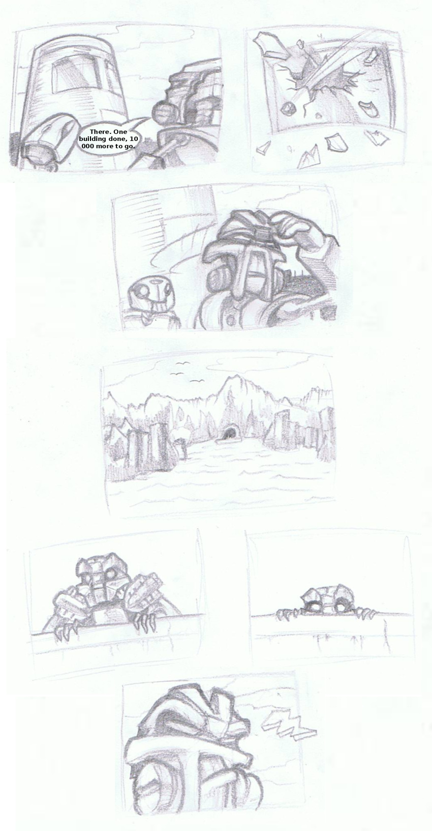 5_fingers absurd_res ambiguous_gender annoyed armor bionicle broken_window building city claws comic detailed_background dialogue dume_(bionicle) duo english_text fingers graphite_(artwork) hi_res hiding humanoid humor lego lighting_bolt living_machine looking_at_viewer machine makuta makuta_teridax mask monochrome mountain not_furry outside pencil_(artwork) rahaga robot simple_background sky standing teridax_(character) text traditional_media_(artwork) turaga vrahno white_background window