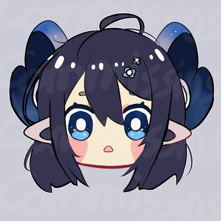 1girl absurdres ahoge bangs black_hair blue_eyes blue_flower blush_stickers commission eyebrows_behind_hair flower gomiyama grey_background hair_between_eyes hair_flower hair_ornament head highres looking_at_viewer original parted_lips pointy_ears simple_background solo watermark