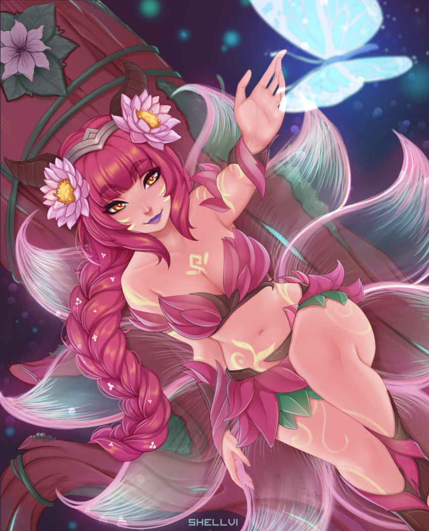 1girl absurdres ahri animal_ears bangs bare_shoulders bell blue_butterfly braid breasts brown_horns bug butterfly cleavage commentary elderwood_ahri eyebrows_visible_through_hair facial_mark flower fox_ears fox_tail glowing hair_bell hair_flower hair_ornament hairband highres horns insect knee_up large_breasts league_of_legends long_braid long_hair looking_at_viewer midriff multiple_tails navel orange_eyes pink_flower pink_hair shellvi smile solo stomach tail tattoo tree vastaya very_long_hair whisker_markings yellow_eyes