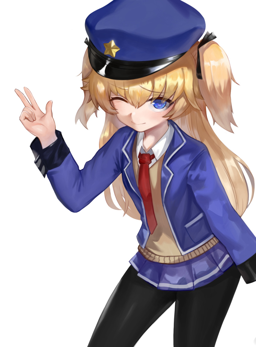 1girl ;) bangs black_legwear black_ribbon blonde_hair blue_eyes blue_headwear blue_jacket blue_skirt blush closed_mouth collared_shirt commentary_request dokomon eyebrows_visible_through_hair girls_frontline hair_between_eyes hair_ribbon hand_up hat highres jacket long_hair long_sleeves looking_at_viewer necktie one_eye_closed open_clothes open_jacket pantyhose peaked_cap pleated_skirt red_neckwear ribbon shirt simple_background skirt smile solo super_shorty_(girls_frontline) sweater_vest two_side_up very_long_hair w white_background white_shirt