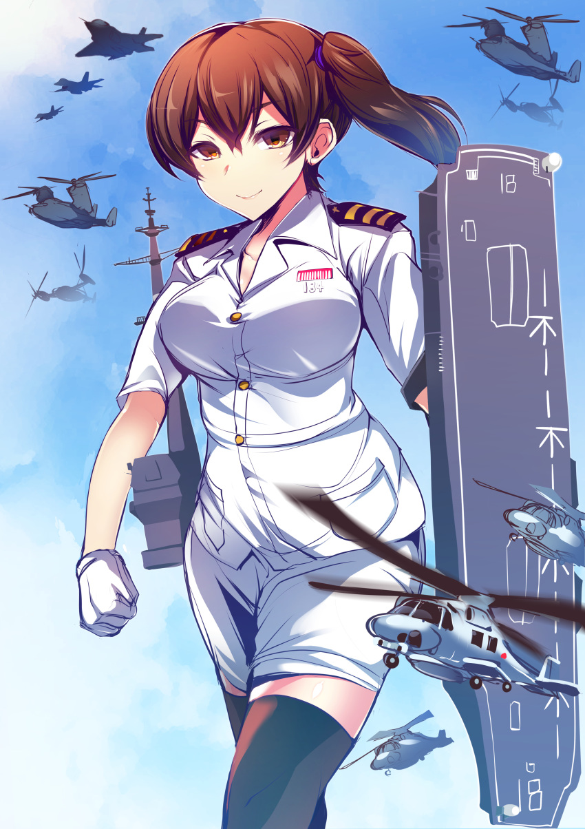 1girl absurdres aircraft airplane black_legwear breasts brown_eyes brown_hair commentary_request f-2 f-35_lightning_ii flight_deck helicopter highres japan_maritime_self-defense_force japan_self-defense_force kaga_(jmsdf) kaga_(kantai_collection) kantai_collection large_breasts military phalanx_ciws sh-60_seahawk side_ponytail silly_(marinkomoe) thighhighs tiltrotor torpedo v-22_osprey