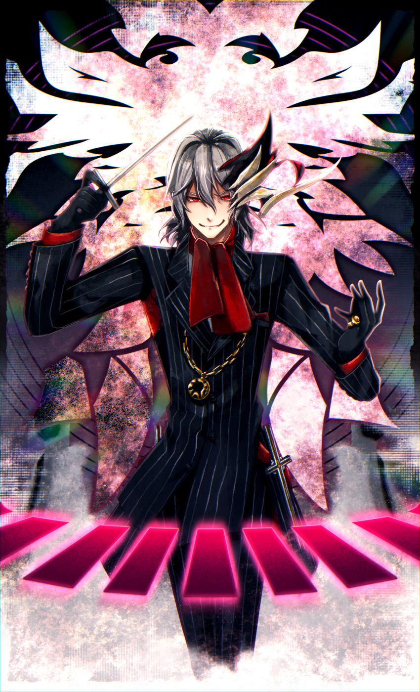 1boy antonio_salieri_(fate/grand_order) black_gloves black_jacket black_pants collared_shirt cravat fate/grand_order fate_(series) formal gloves highres holding jacket jewelry long_sleeves looking_at_viewer male_focus necklace neckwear pants pinstripe_pattern ponita red_neckwear ring shirt short_hair silver_hair smirk solo striped suit white_hair white_shirt