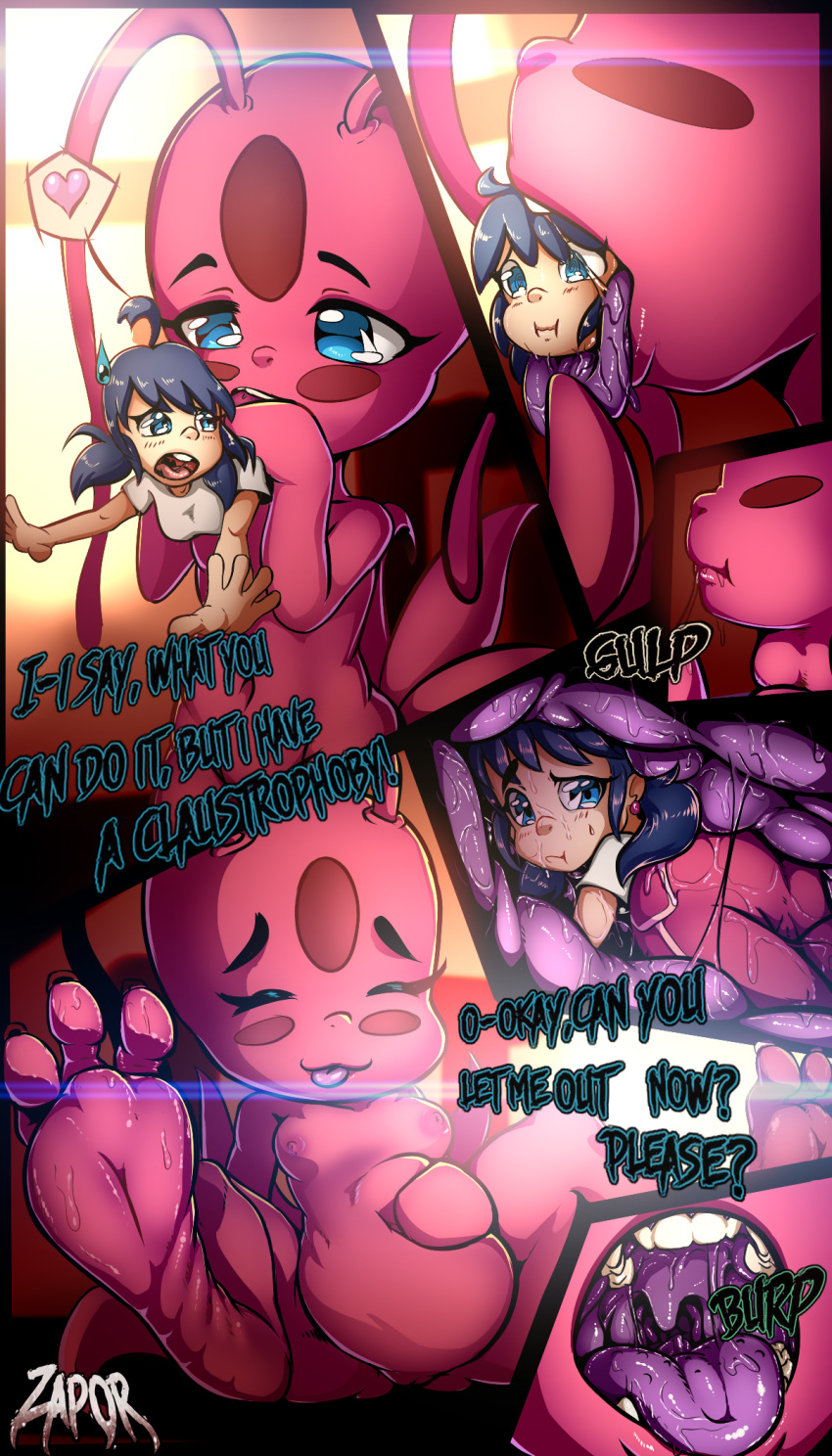 3_toes abdominal_bulge alien alien_humanoid arthropod barefoot blue_eyes burping comic duo feet female female/female hair hi_res human humanoid internal kwami macro mammal marinette_dupain-cheng miraculous_ladybug mouth_shot neck_bulge nipples nude open_mouth oral_vore paws pink_hair purple_mouth size_difference soft_vore soles stomach swallowing sweaty_feet teenager teeth tikki_(miraculous_ladybug) toes vore young zapor zapor666