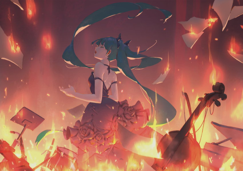 1girl absurdres alternate_costume arm_strap bare_shoulders black_bow black_dress black_flower black_rose blue_hair bow breasts burning closed_eyes commentary_request dress drum drum_set feet_out_of_frame fire flower from_side hair_bow hatsune_miku highres instrument long_hair music_stand open_mouth paper profile rose sleeveless sleeveless_dress small_breasts solo standing toorara twintails very_long_hair vocaloid