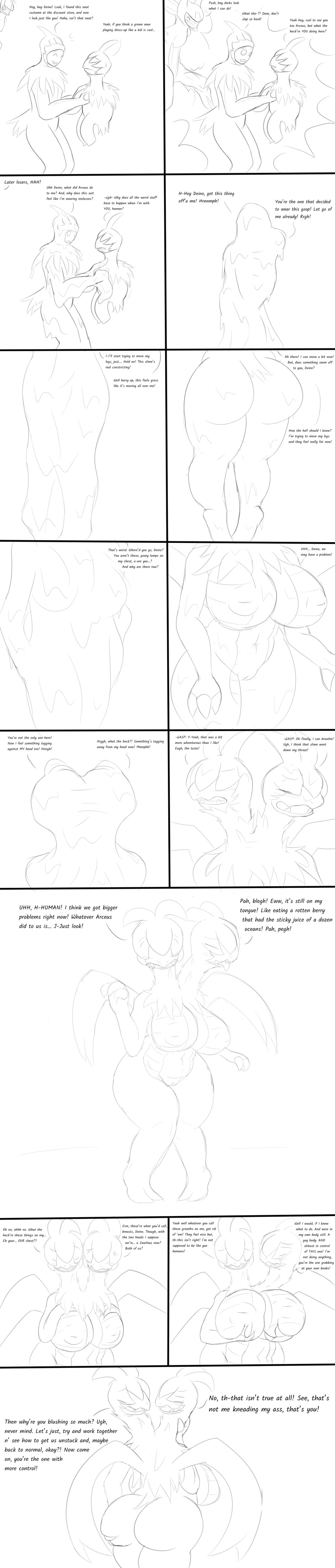 2018 2_heads absurd_res ambiguous_gender anthro arceus belly big_breasts big_butt blush breast_growth breasts butt butt_expansion claws clothed clothing comic costume curvy_figure deino dialogue dragon drpolice english_text expansion female feral feral_to_anthro fur gender_transformation goo_transformation group growth hair hair_over_eyes hand_on_breast head_growth hi_res holding_breast holding_butt human human_to_anthro inverted_nipples knock-kneed legendary_pok&eacute;mon long_image looking_at_another looking_at_butt looking_at_self male mammal monochrome mtf_transformation multi_head navel neck_tuft nintendo nipples nude open_mouth pok&eacute;mon pok&eacute;mon_(species) pok&eacute;mon_costume scalie sketch slightly_chubby species_transformation suit_transformation tall_image text tongue tongue_out transformation tuft video_games voluptuous wide_hips wing_growth wings zweilous