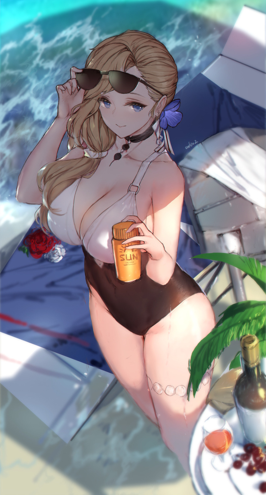 1girl anklet azur_lane bare_arms bare_shoulders beach black_choker blonde_hair blue_eyes breasts choker cleavage collarbone cup day drinking_glass flower hair_flower hair_ornament hair_over_shoulder hand_on_eyewear hand_up highres hood_(azur_lane) hood_(sunlit_lady)_(azur_lane) jewelry large_breasts long_hair looking_at_viewer one-piece_swimsuit outdoors rose smile solo standing sunglasses swd3e2 swimsuit thighs water wet wine_glass