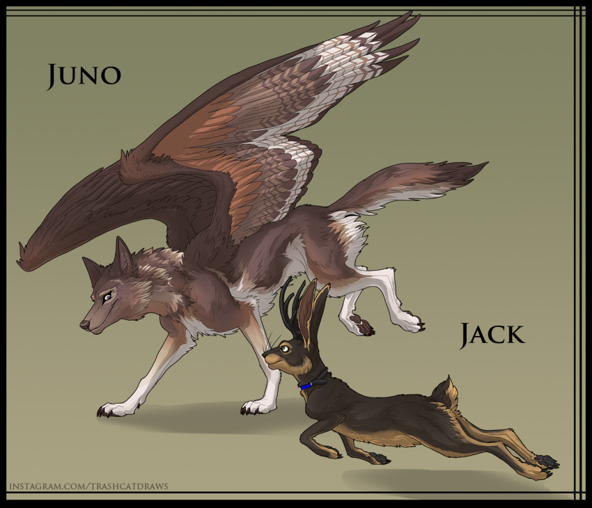 antlers black_border border canid canine canis collar duo female feral horn jackalope juno_lore karlekat lagomorph male male/female mammal paws turok_lore wings wolf