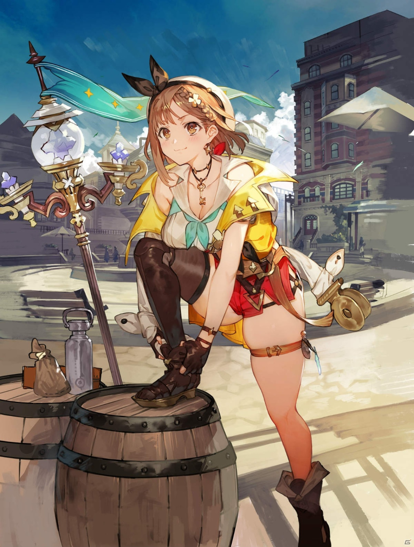 1girl asymmetrical_legwear atelier_(series) atelier_ryza atelier_ryza_2 barrel blue_sky boots bottle brown_eyes brown_hair cloud hair_ornament hat high_heels highres holding holding_staff jewelry long_sleeves looking_at_viewer neckerchief necklace official_art open_mouth red_shorts reisalin_stout sandals short_shorts shorts single_thighhigh skindentation sky solo staff thick_thighs thigh_strap thighhighs thighs toridamono village water_bottle