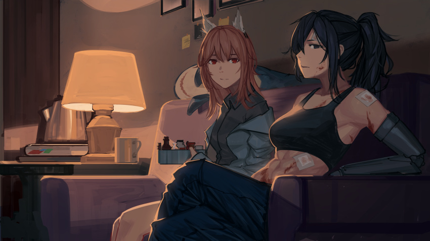 2girls abs angelia_(girls_frontline) animal_ears bandages cat_ears coffee_mug couch cup dark_blue_hair first_aid_kit girls_frontline highres kettle labcoat lamp looking_at_viewer mug multiple_girls persica_(girls_frontline) pink_hair ponytail prosthesis prosthetic_arm salty_eyes sports_bra stove
