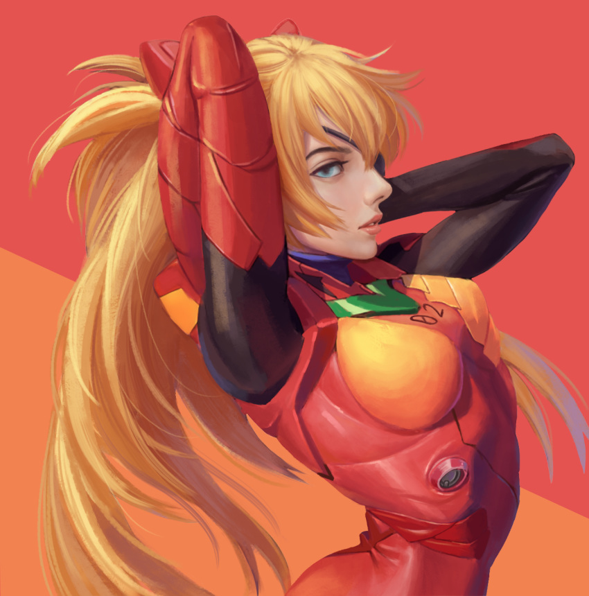 1girl bodysuit eva_(mgs) eyepatch highres interface_headset kim_nana lips long_hair multicolored multicolored_bodysuit multicolored_clothes neon_genesis_evangelion number orange_bodysuit orange_hair pilot_suit plugsuit realistic red_bodysuit shikinami_asuka_langley souryuu_asuka_langley tsundere