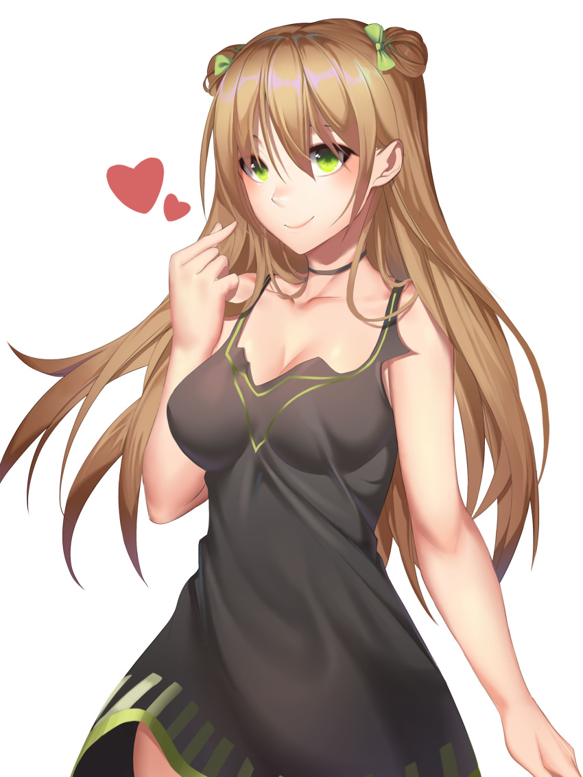 1girl absurdres black_shirt blonde_hair blush bow breasts choker cleavage collarbone double_bun eyebrows_visible_through_hair girls_frontline green_eyes hair_between_eyes hair_bow heart heart_print henz highres long_hair looking_at_viewer medium_breasts rfb_(girls_frontline) shirt smile solo white_background