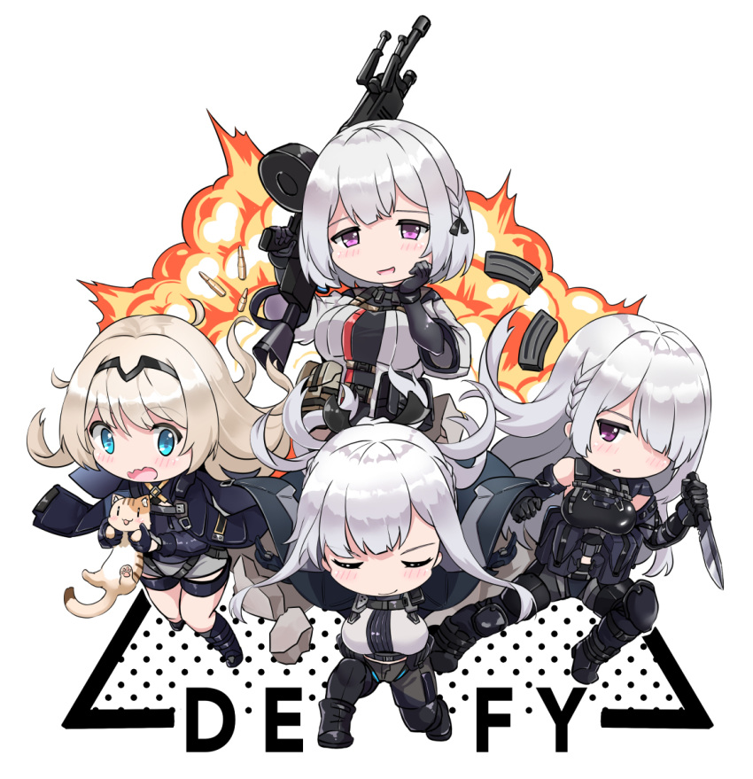 4girls ak-12_(girls_frontline) ak-15_(girls_frontline) an-94_(girls_frontline) blonde_hair blue_eyes blush cat closed_eyes combat_knife defy_(girls_frontline) explosion fatkewell girls_frontline gun knife magazine_(weapon) multiple_girls one_eye_covered pose purple_eyes rpk-16 rpk-16_(girls_frontline) silver_hair smile tactical_clothes weapon