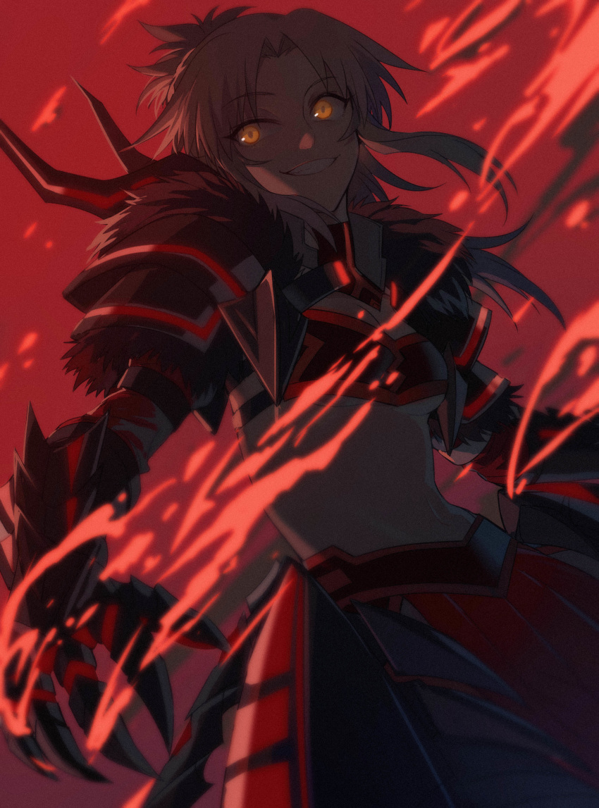 1girl absurdres armor blonde_hair breasts claws cleavage dark_persona dutch_angle fate/grand_order fate_(series) glowing glowing_eyes groin highres midriff mordred_(fate) mordred_(fate)_(all) navel ponytail rating red_background small_breasts smile solo underboob yellow_eyes yorukun