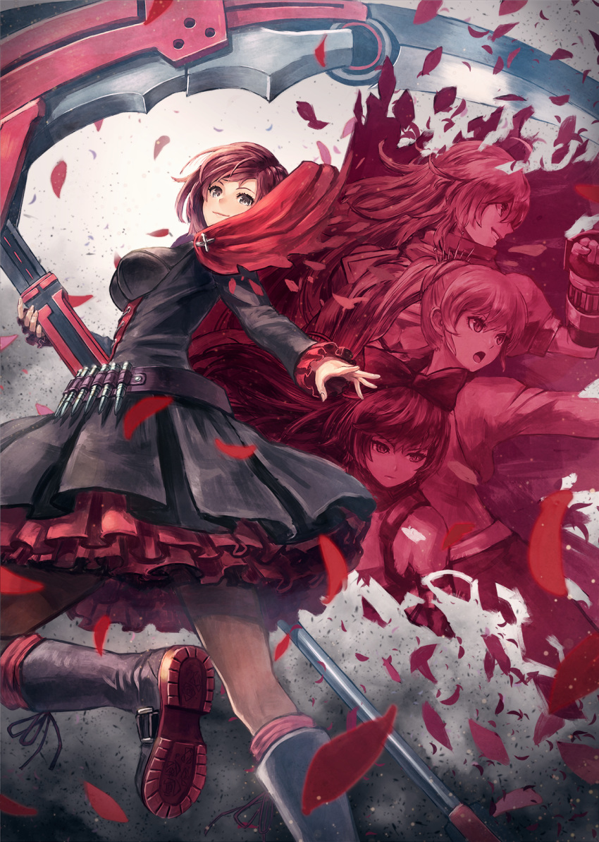 4girls blake_belladonna boots bow breasts cloak commentary_request gauntlets hair_bow highres holding holding_scythe kuroi_susumu long_hair long_sleeves looking_at_viewer medium_breasts multiple_girls pantyhose ponytail red_hair ruby_rose rwby scythe short_hair silver_eyes skirt weiss_schnee yang_xiao_long
