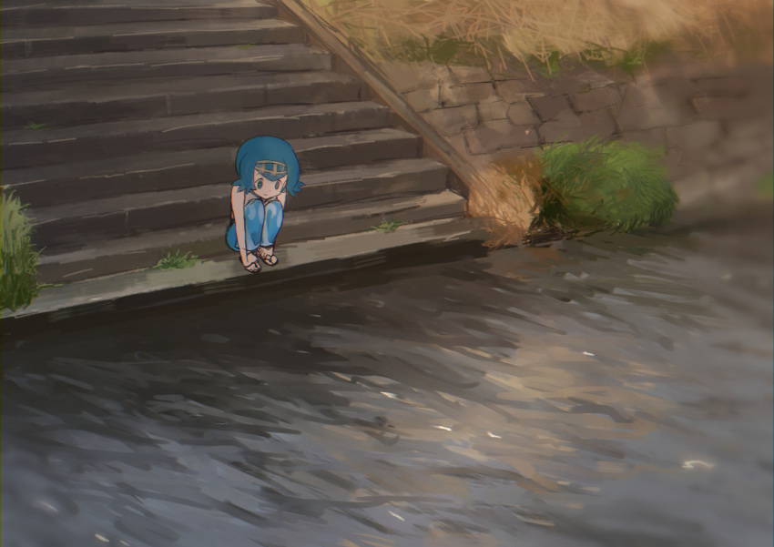 1girl blue_eyes blue_hair blue_pants closed_mouth day flip-flops gold_hairband hairband hands_on_feet looking_down melon_syrup outdoors pants pokemon pokemon_(game) pokemon_sm river sandals short_hair smile solo squatting suiren_(pokemon) water
