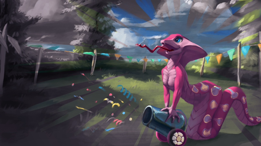 16:9 4k absurd_res anthro apode draconcopode eqlipse_(artist) female friendship_is_magic hasbro hi_res my_little_pony naga nude party_cannon pinkie pinkie_pie_(mlp) reptile scalie serpentine snake widescreen